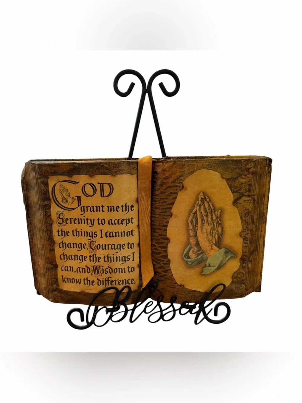 VINTAGE Christianity Serenity Prayer Book-Style Plaque w/ Praying Hands & Stand